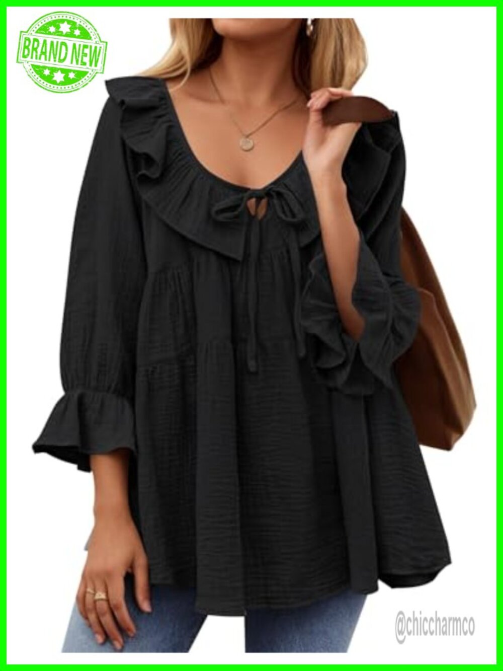 Womens 3/4 Sleeve Flowy Boho Tunic Top Tie Front Loose Fit Blouse